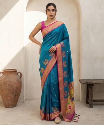 Teal woven zari buti & floral motifs work silk blend fabric traditional festive style 1