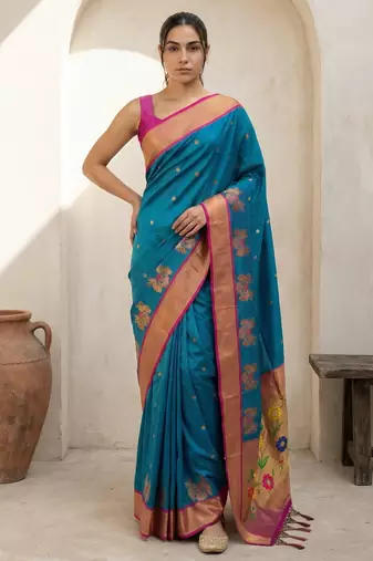 Teal woven zari buti & floral motifs work silk blend fabric traditional festive style
