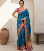 Teal woven zari buti & floral motifs work silk blend fabric traditional festive style