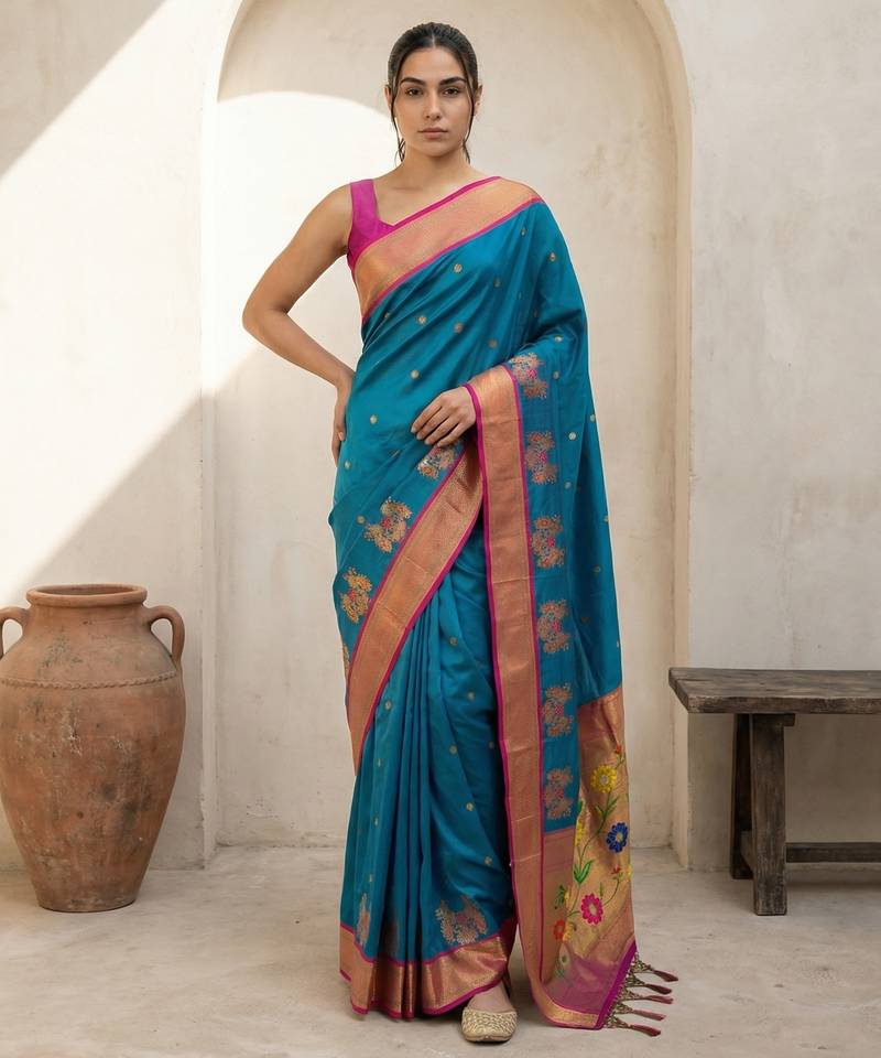 Teal woven zari buti & floral motifs work silk blend fabric traditional festive style