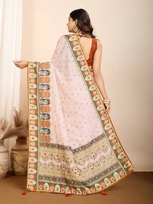 Cream printed embellished pure cotton kalamkari saree with blouse 4