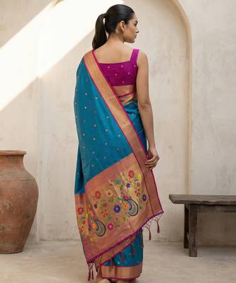 Teal woven zari buti & floral motifs work silk blend fabric traditional festive style 2