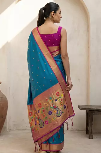 Teal woven zari buti & floral motifs work silk blend fabric traditional festive style