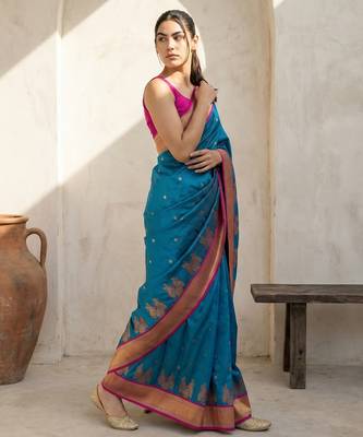 Teal woven zari buti & floral motifs work silk blend fabric traditional festive style 3