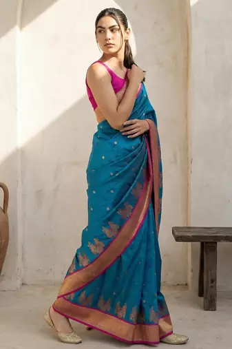 Teal woven zari buti & floral motifs work silk blend fabric traditional festive style