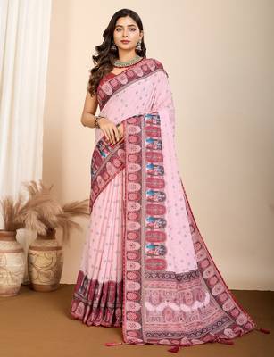 Light pink printed embellished pure cotton kalamkari saree with blouse 1