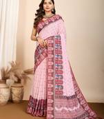 Light pink printed embellished pure cotton kalamkari saree with blouse