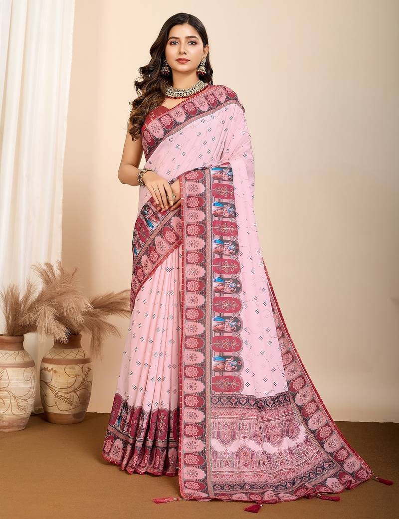 Light pink printed embellished pure cotton kalamkari saree with blouse