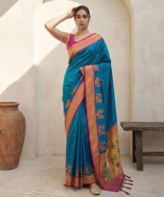 Teal woven zari buti & floral motifs work silk blend fabric traditional festive style 4
