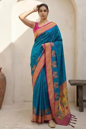 Teal woven zari buti & floral motifs work silk blend fabric traditional festive style