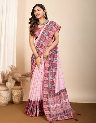 Light pink printed embellished pure cotton kalamkari saree with blouse 2