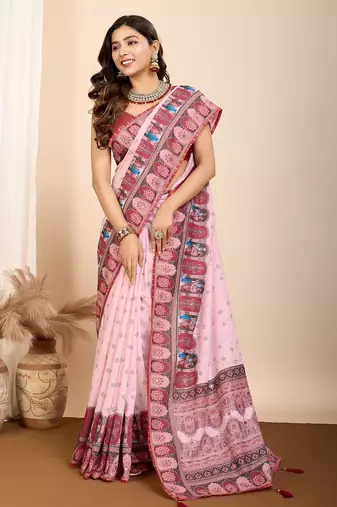 Light pink printed embellished pure cotton kalamkari saree with blouse