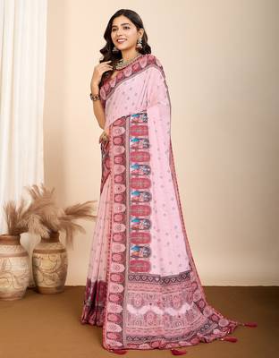 Light pink printed embellished pure cotton kalamkari saree with blouse 3