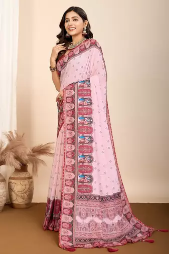 Light pink printed embellished pure cotton kalamkari saree with blouse