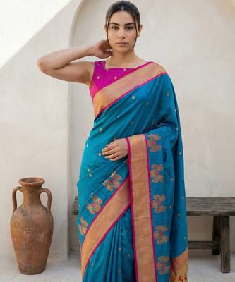 Teal woven zari buti & floral motifs work silk blend fabric traditional festive style 5