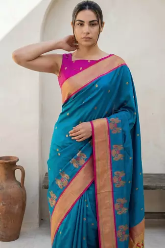 Teal woven zari buti & floral motifs work silk blend fabric traditional festive style