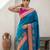 Teal woven zari buti & floral motifs work silk blend fabric traditional festive style