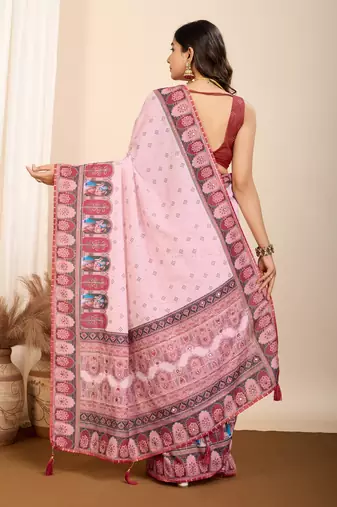 Light pink printed embellished pure cotton kalamkari saree with blouse