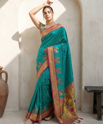 Light green woven zari buti & floral motifs work silk blend fabric traditional festive style 1