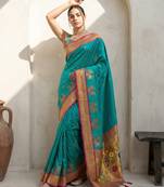 Light green woven zari buti & floral motifs work silk blend fabric traditional festive style