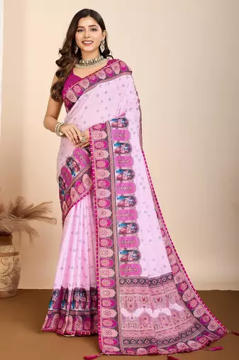 Light purple printed embellished pure cotton kalamkari saree with blouse