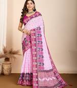 Light purple printed embellished pure cotton kalamkari saree with blouse