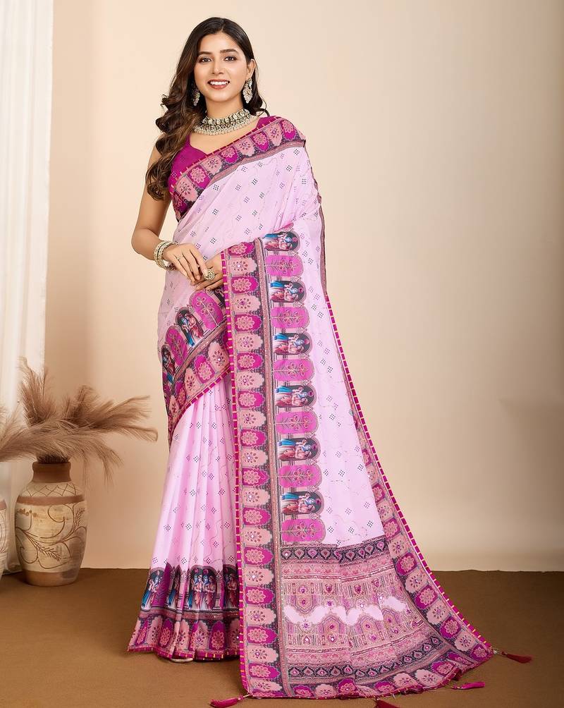 Light purple printed embellished pure cotton kalamkari saree with blouse