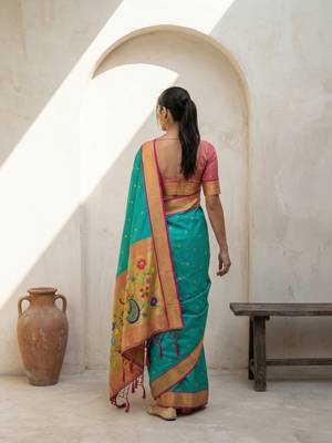 Light green woven zari buti & floral motifs work silk blend fabric traditional festive style 2
