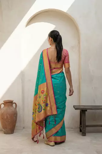 Light green woven zari buti & floral motifs work silk blend fabric traditional festive style