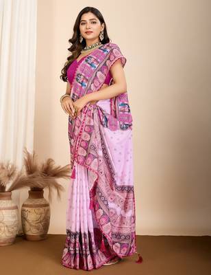 Light purple printed embellished pure cotton kalamkari saree with blouse 2