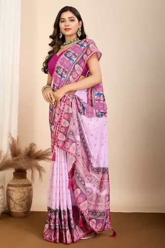 Light purple printed embellished pure cotton kalamkari saree with blouse
