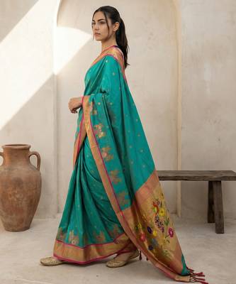 Light green woven zari buti & floral motifs work silk blend fabric traditional festive style 3