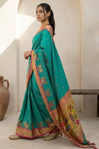 Light green woven zari buti & floral motifs work silk blend fabric traditional festive style