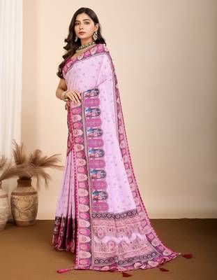 Light purple printed embellished pure cotton kalamkari saree with blouse 3