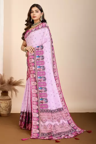 Light purple printed embellished pure cotton kalamkari saree with blouse
