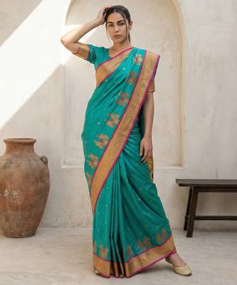 Light green woven zari buti & floral motifs work silk blend fabric traditional festive style 4
