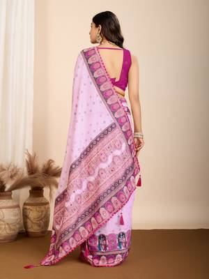 Light purple printed embellished pure cotton kalamkari saree with blouse 4