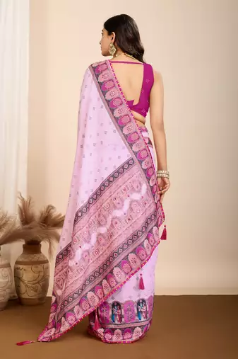 Light purple printed embellished pure cotton kalamkari saree with blouse