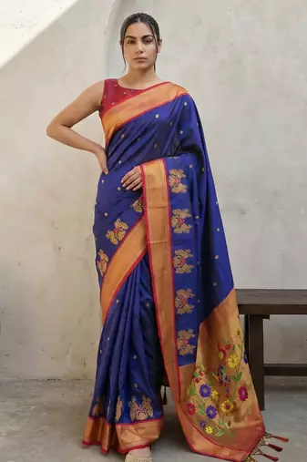 Blue woven zari buti & floral motifs work silk blend fabric traditional festive style