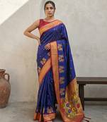Blue woven zari buti & floral motifs work silk blend fabric traditional festive style