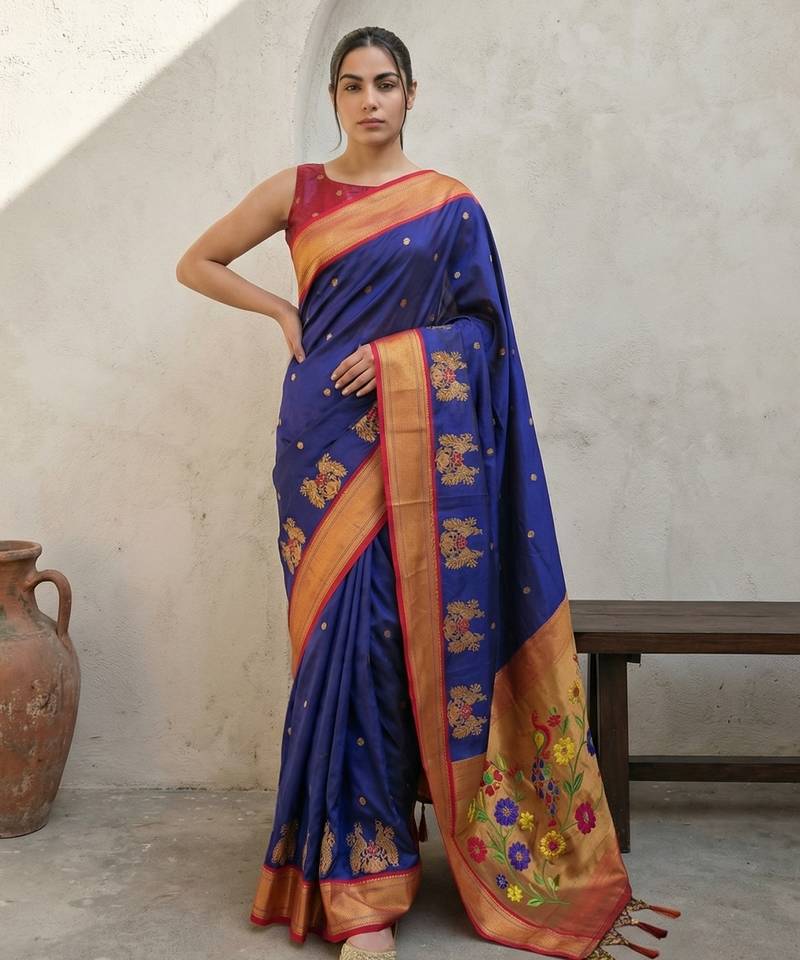 Blue woven zari buti & floral motifs work silk blend fabric traditional festive style