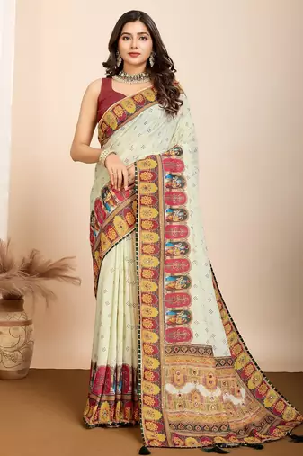 Pista green printed embellished pure cotton kalamkari saree with blouse