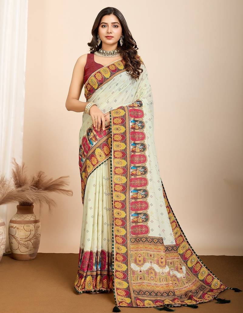 Pista green printed embellished pure cotton kalamkari saree with blouse