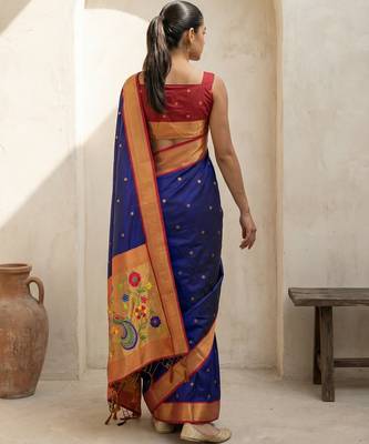 Blue woven zari buti & floral motifs work silk blend fabric traditional festive style 2