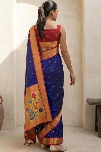 Blue woven zari buti & floral motifs work silk blend fabric traditional festive style