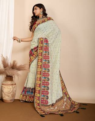 Pista green printed embellished pure cotton kalamkari saree with blouse 2