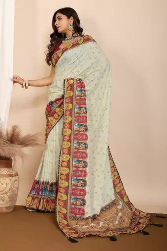 Pista green printed embellished pure cotton kalamkari saree with blouse