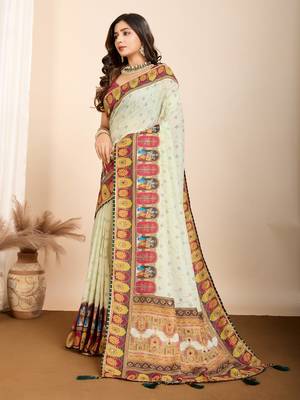 Pista green printed embellished pure cotton kalamkari saree with blouse 3