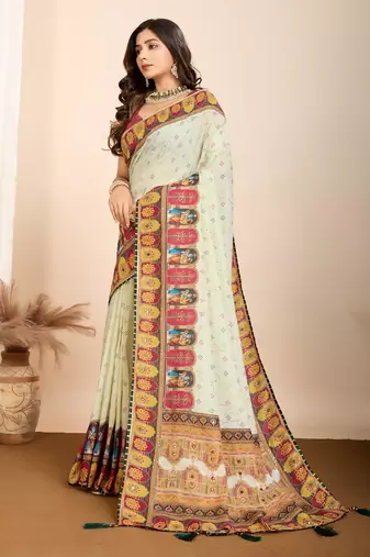 Pista green printed embellished pure cotton kalamkari saree with blouse