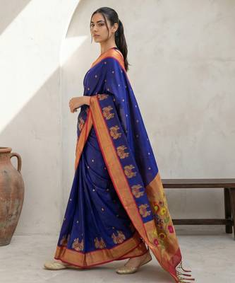 Blue woven zari buti & floral motifs work silk blend fabric traditional festive style 3